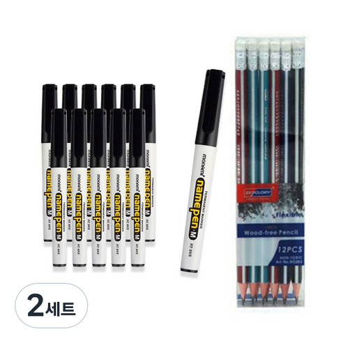 모나미 굵은글씨용 네임펜M 12p +스카이글로리 삼각지우개 연필 12p 세트, 흑색, 2세트
