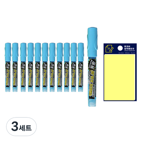 동아 블랙보드마카 12p + 투코비 스티키 메모패드 세트, 형광하늘(보드마카), 노랑(포스트인), 3세트