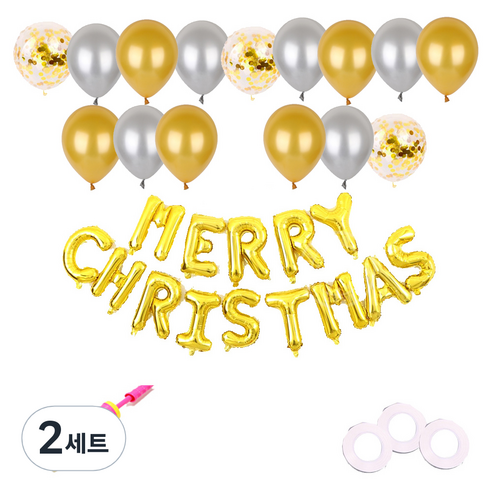 파티쇼 은박풍선세트 MERRY CHRISTMAS 골드 + 펄풍선 2종 x 6p + 컨페티풍선 3p + 글루닷 100p + 컬링리본 3p + 손펌푸 랜덤발송, 혼합색상, 2세트