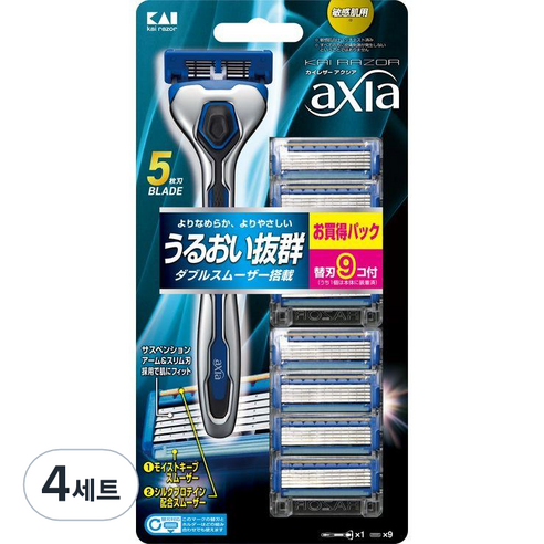 카이 남성용 일회용 면도기 세트 AX-9BS axia 밸류팩 슬림, 면도기 + 교체날 9p, 4세트