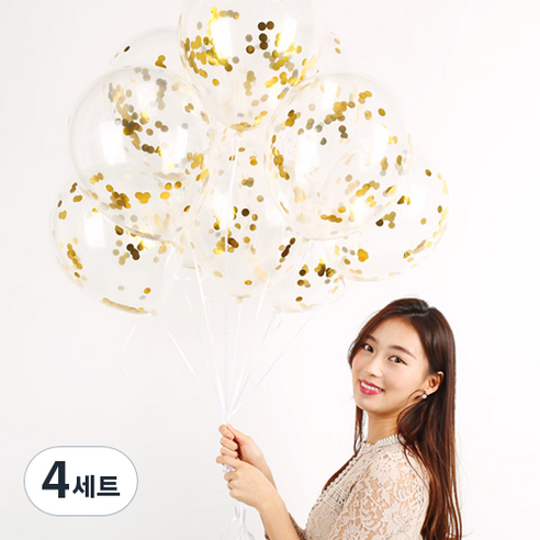 파티해 메탈릭 컨페티풍선 20p + 손펌프 랜덤발송 +컬링리본 + 스펀지닷 세트, 골드, 4세트