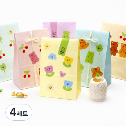 인디케이 큐티베어 구디백 종이 봉투 중 혼합 36p + 스티커 126p + 라피아 끈 세트, 혼합색상, 4세트