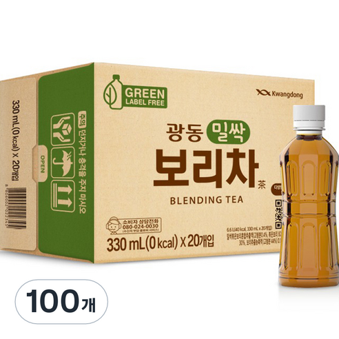 광동제약 밀싹 보리차 그린 무라벨, 330ml, 100개