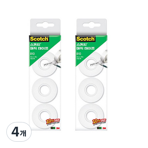 스카치 매직 셀로판 테이프 리필 세이빙 팩 3p 810R-3 12mm x 18m, 4개