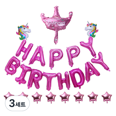 미니띠네 유니콘 왕관 알루미늄 생일 가랜드 세트, 핑크, 3세트