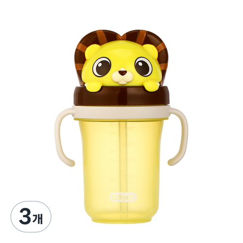 에디슨 프렌즈 흘림방지 입체 빨대컵 2, 사자 하이언, 3개, 300ml