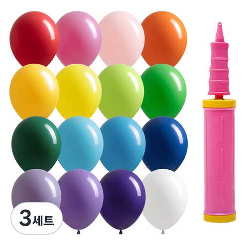 조이파티 조이벌룬 레인보우 풍선 30cm 100p + 손펌프 세트, 풍선(랜덤발송), 손펌프(핑크), 3세트