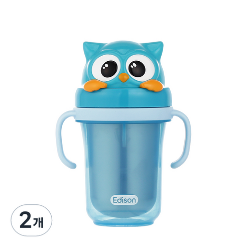 에디슨 프렌즈 흘림방지 이중 스텐 빨대컵 2 300ml, 부엉이 블루, 2개