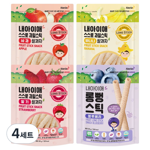 내아이애 유기농 과일 롱뻥 스틱 30g x 4종 세트, 4세트, 사과, 딸기, 블루베리, 바나나