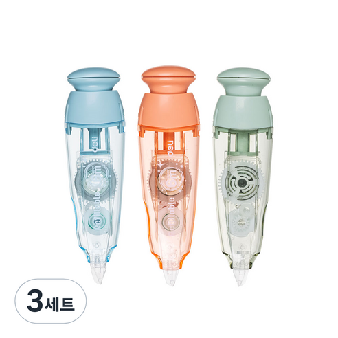 델리 노크식 수정테이프 본체 3종 + 리필 3종 세트, 핑크, 블루, 그린, 3세트
