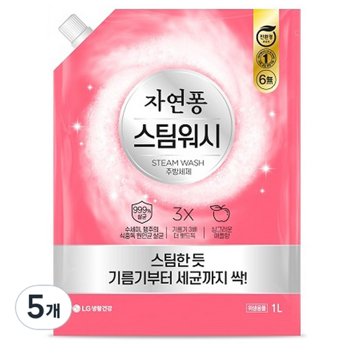 자연퐁 스팀워시 주방세제 애플향 리필, 1L, 5개