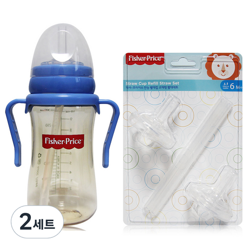 피셔프라이스 PPSU 만능 빨대컵 300ml + 교체형 빨대 리필세트, 블루, 2세트