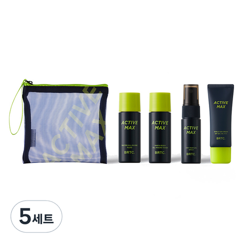 비알티씨 액티브 맥스 여행용 미니어처 바디워시 20ml + 로션 20ml + 퍼퓸스프레이 19ml + 선크림 20ml + 파우치 세트, 5세트