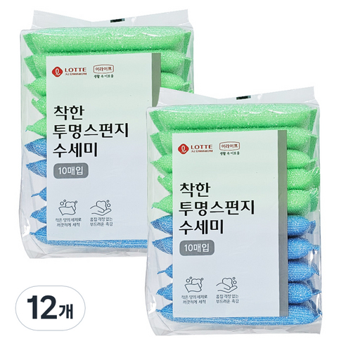 롯데이라이프 투명 스펀지 수세미 랜덤 발송, 10매입, 12개