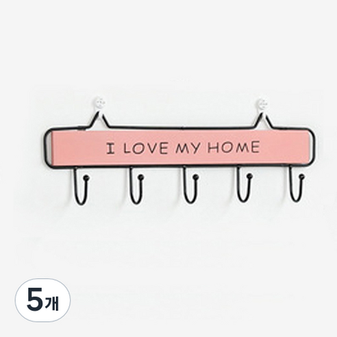 써니코스트 아이러브홈 나무 벽걸이 5후크, 핑크, 5개