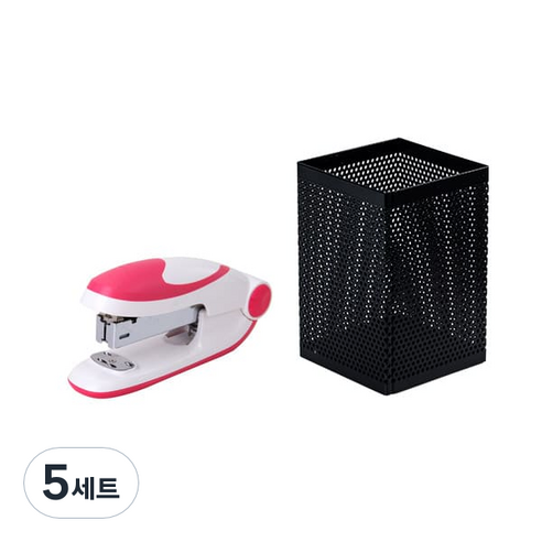 델리 칼라 둥근 33호침 사용 스테이플러 0319 + 철제 메쉬 다용도 사각 꽂이 908 세트, 랜덤발송(스테이플러), 블랙(사각꽂이), 5세트