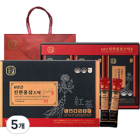 한삼인 6년근 진한 홍삼스틱 + 쇼핑백, 300g, 5개
