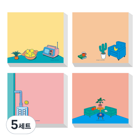 콤마비 메모왕 일러스트 메모지 4종 세트, 레몬테이블, 스위치, 파란소파, 녹색소파, 5세트