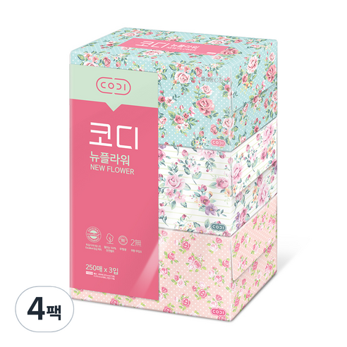 코디 뉴플라워 천연펄프 미용티슈 250매, 3입, 4팩