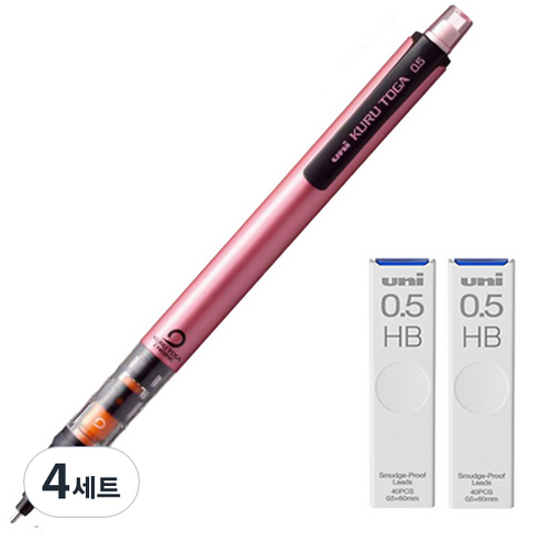 유니 쿠루토가 샤프 파이프슬라이드모델 핑크 M5-452 + 쿠루토가 전용 샤프심 HB 2p 세트, 4세트, 0.5mm
