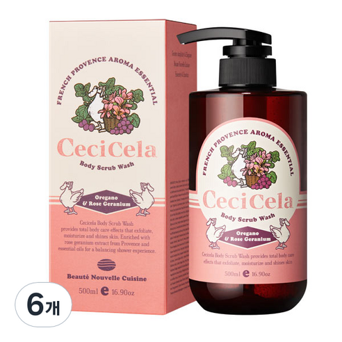 쎄씨쎌라 아로마 에센셜 바디스크럽워시 오레가노 앤 로즈제라늄 아로마향, 500ml, 6개