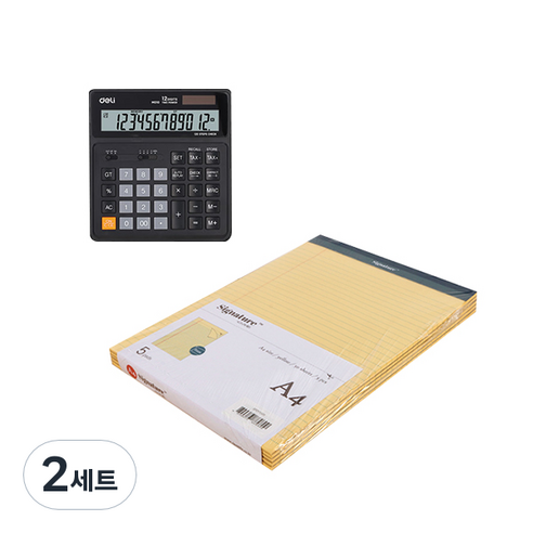 델리 사무용 계산기 블랙 01020 1p + 리갈패드 A5 5p, 옐로우, 2세트