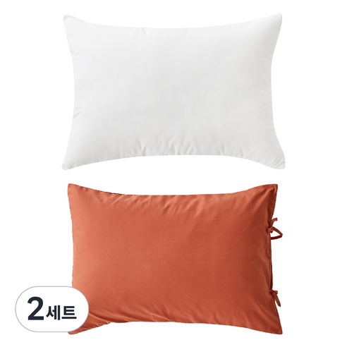 라뽐므 노르빅 호텔 베이직 베개솜 + 리본형 베개커버 세트, 퓨어화이트(베개솜), 브릭레드(베개커버), 50 x 70 cm, 2세트