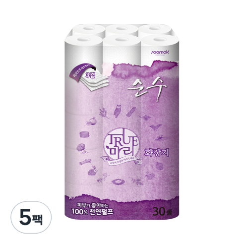 수목제지 트루마리 순수 3겹데코 화장지 18m, 30롤, 5팩