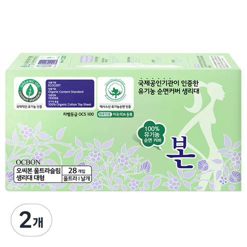 유기농본 유기농순면커버 대형 생리대 날개형, 28개입, 2팩
