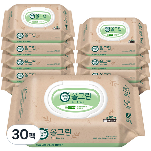 깨끗한나라 올그린 물티슈 캡형, 60매, 30개