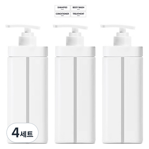 뉴앤룩 밀리 욕실 디스펜서 샴푸 리필공병 겔타입 720ml 3p + 라벨스티커 4종 세트, 화이트(리필공병), 4세트