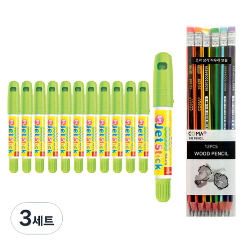 동아 고체형광펜 제트스틱 12p + 투코비 삼각 지우개 연필 SG-208 12p 세트, 연두(제트스틱), 혼합색상(지우개연필), 3세트
