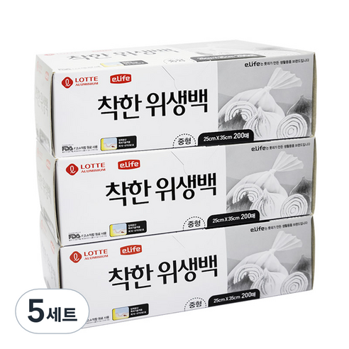 롯데이라이프 착한 위생팩 증 200매 x 3개, 중(M), 200개입, 15개