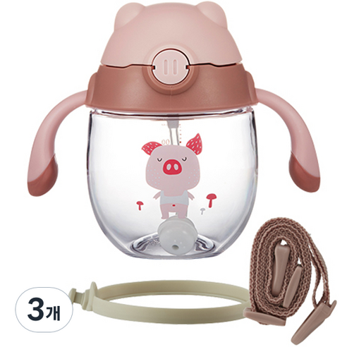 락앤락 스트랩 유아용 쁘띠 프렌즈 빨대컵 300ml, 핑크(ABF790PIK), 3개
