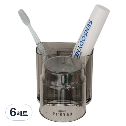 리빙공감 티스 부착형 칫솔꽂이 양치컵 세트, 6세트, 투명그레이