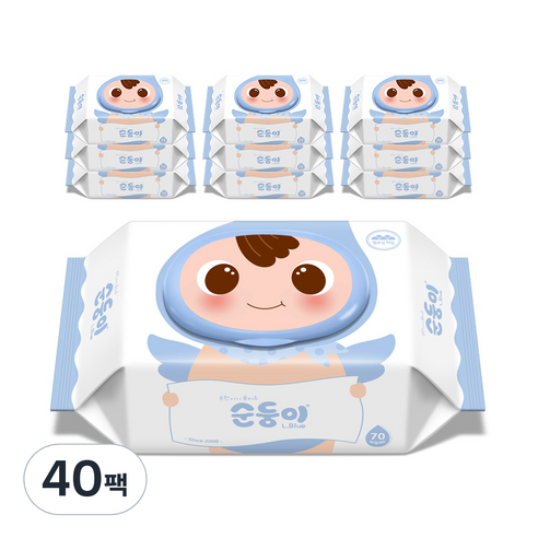 순둥이 오리지널 플러스 엘블루 아기물티슈 캡형 75평량, 75g, 70개입, 40세트