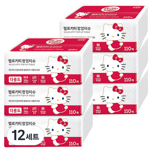헬로키티 팝업 천연펄프 미용티슈 3겹 레드 3p, 110매, 12세트