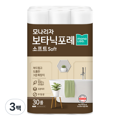 보타닉포레 모나리자 소프트 천연펄프 화장지 30m, 30롤, 3개