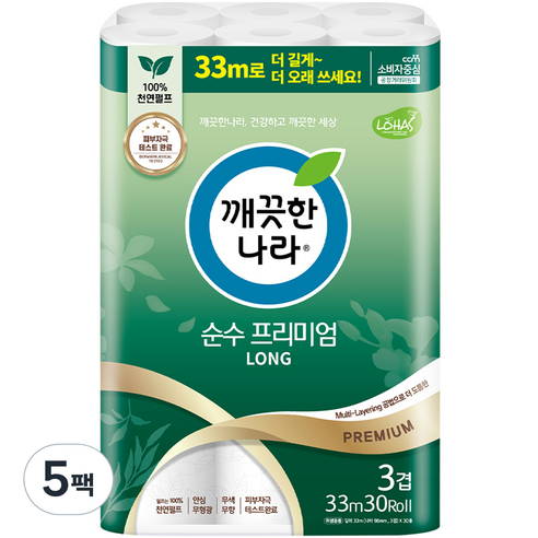 깨끗한나라 3겹 천연펄프 순수 프리미엄 화장지 33m, 30롤, 5팩