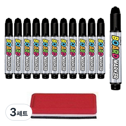 동아 화이트보드마카 12p + 보드지우개 세트, 흑색, 3세트