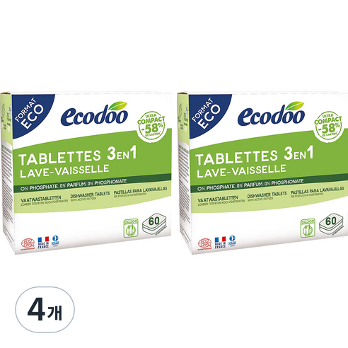 에코두 프랑스 식기세척기세제 타블렛 3in1 60개입, 720g, 4개