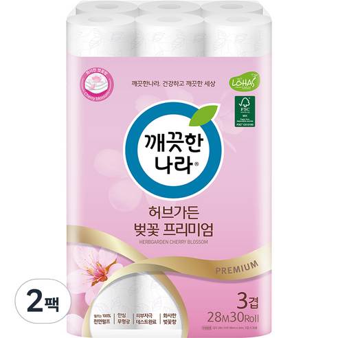 깨끗한나라 3겹 펄프 허브가든 벚꽃 프리미엄 화장지 28m, 30롤, 2팩