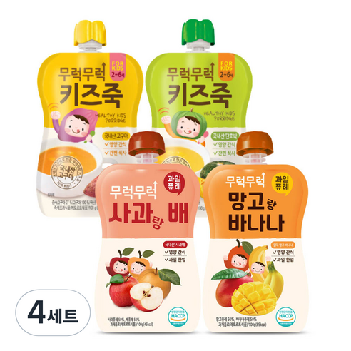 이유케어스 무럭무럭 키즈죽 100g x 2종 + 퓨레 100g x 2종 세트, 단호박,고구마,사과랑 배,망고랑 바나나, 4세트