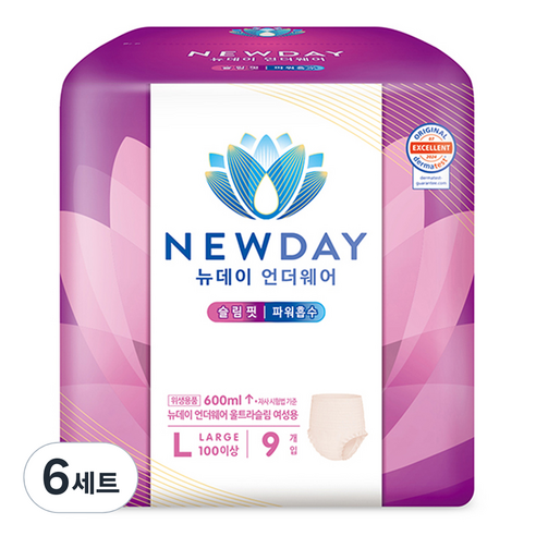 뉴데이 여성용 언더웨어 울트라슬림 성인기저귀, 대형, 6세트, 9매입