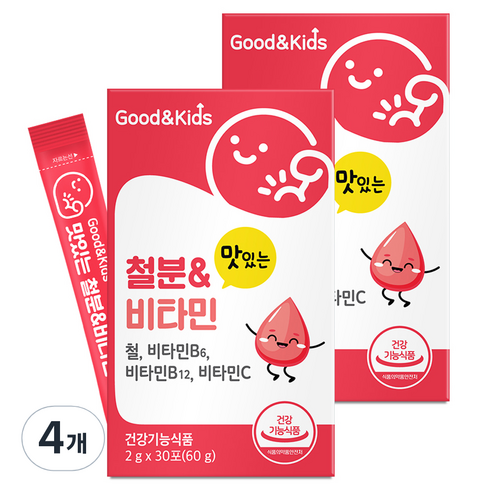 굿앤키즈 유아용 맛있는 철분 & 비타민 딸기맛 30p, 60g, 4개