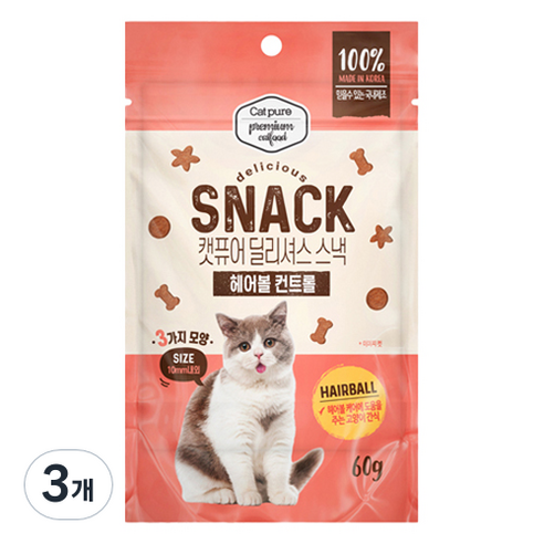 캣퓨어 고양이 딜리셔스 스낵 헤어볼 컨트롤, 60g, 3개, 혼합맛(닭고기/참치)