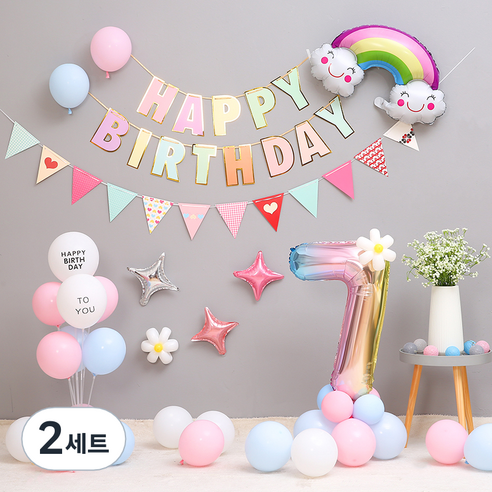 피앤비유니티 해피무지개구름 가랜드 혼합풍선세트 숫자7, 혼합색상(7), 2세트
