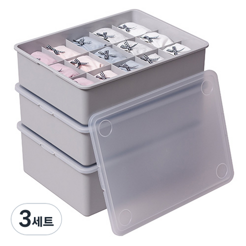 이즈리빙 칸칸칸 속옷 정리함 1칸 1p + 10칸 1p + 15칸 1p 세트, 그레이 + 반투명 뚜껑, 3세트