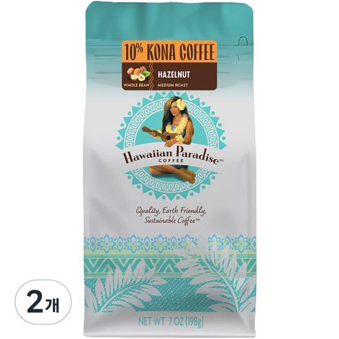 하와이안파라다이스커피 코나 헤이즐넛 향 홀빈 커피, 198g, 2개, 홀빈(분쇄안함)