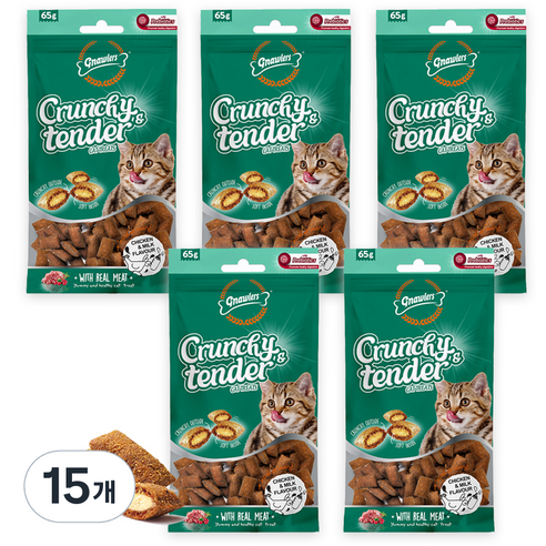 놀러즈 크런치 앤 텐더 고양이 간식, 혼합(닭고기/우유), 65g, 15개
